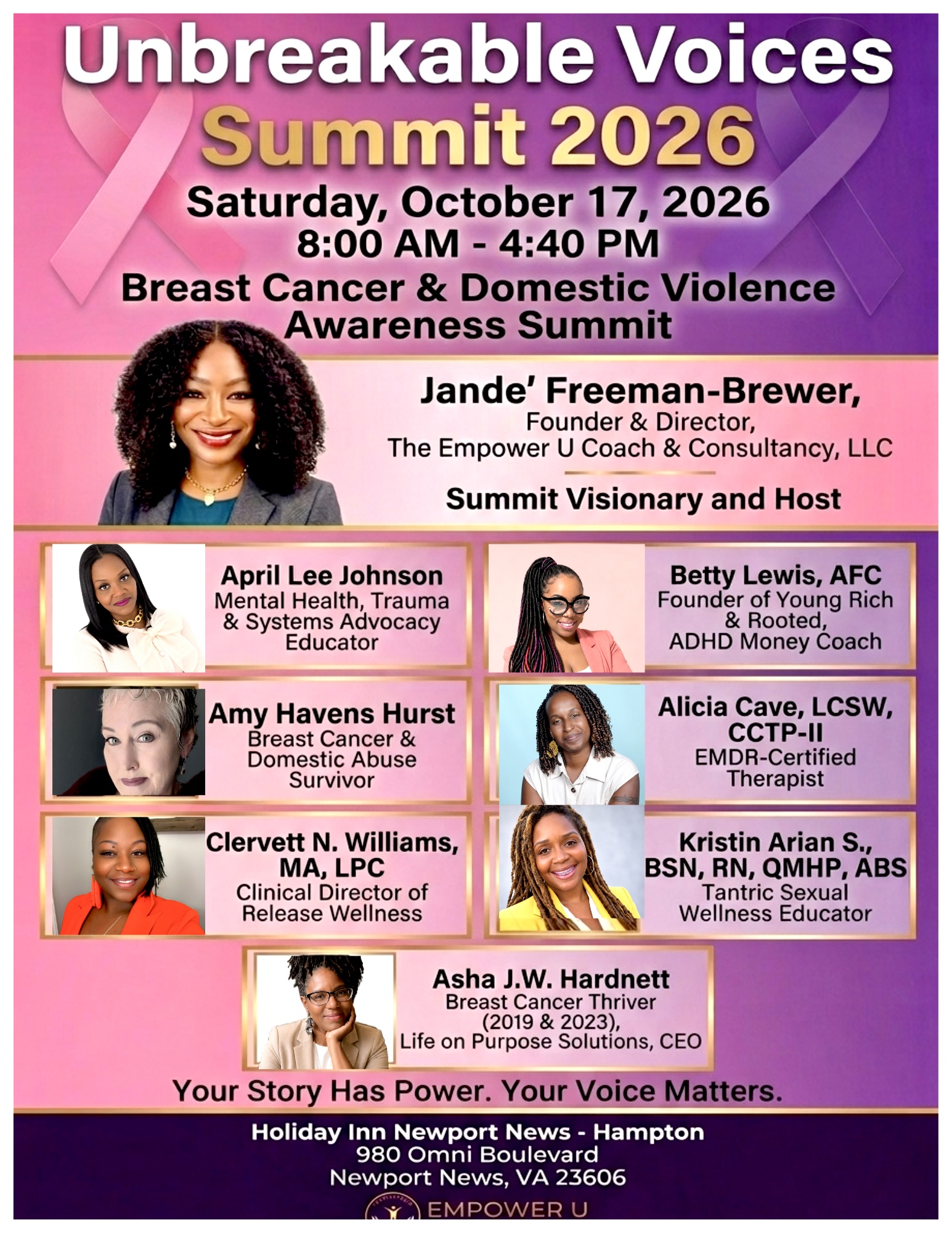 Unbreakable Voices Summit 2026 flyer — Breast Cancer & Domestic Violence Awareness Summit, Saturday, October 17, 2026, Holiday Inn Newport News - Hampton